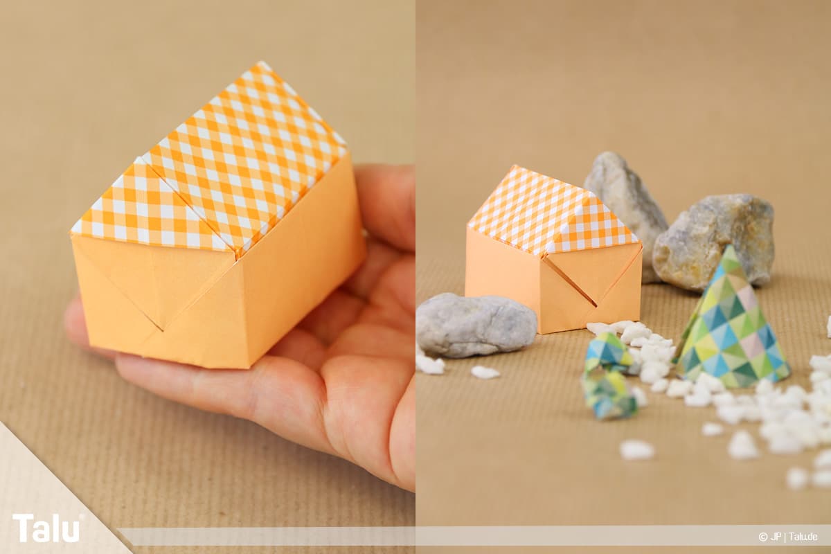 Haus aus Papier basteln, Papierhaus falten, fertig gefaltetes Papierhaus