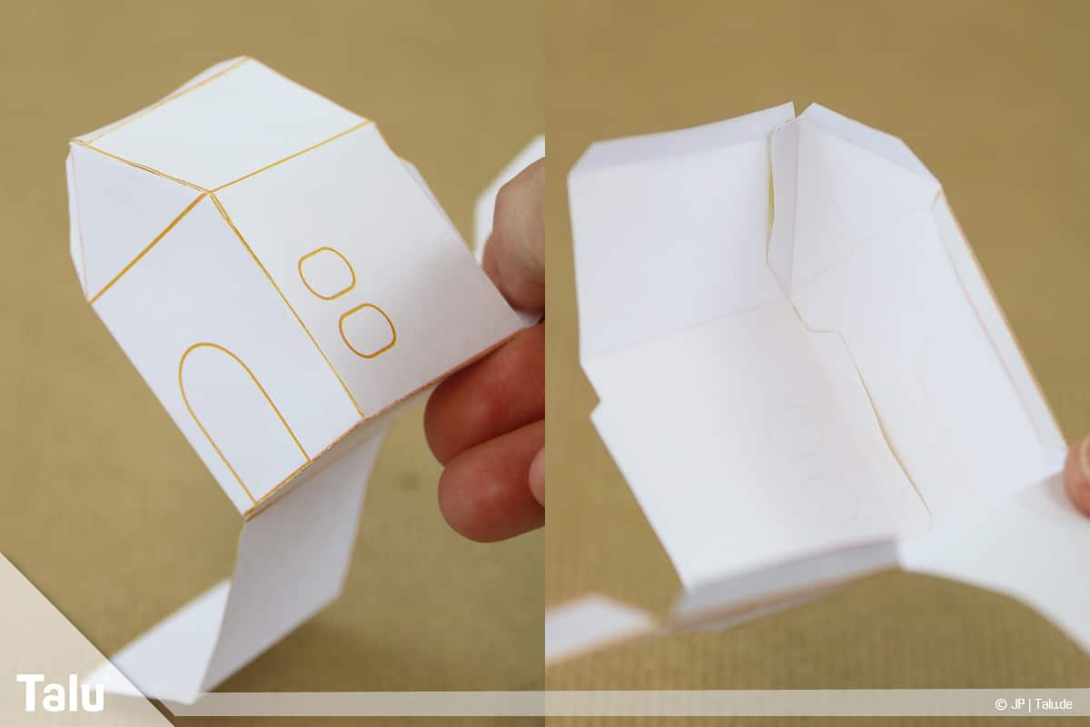Haus aus Papier basteln, Papierhaus falten, alle Haus-Komponenten verbinden