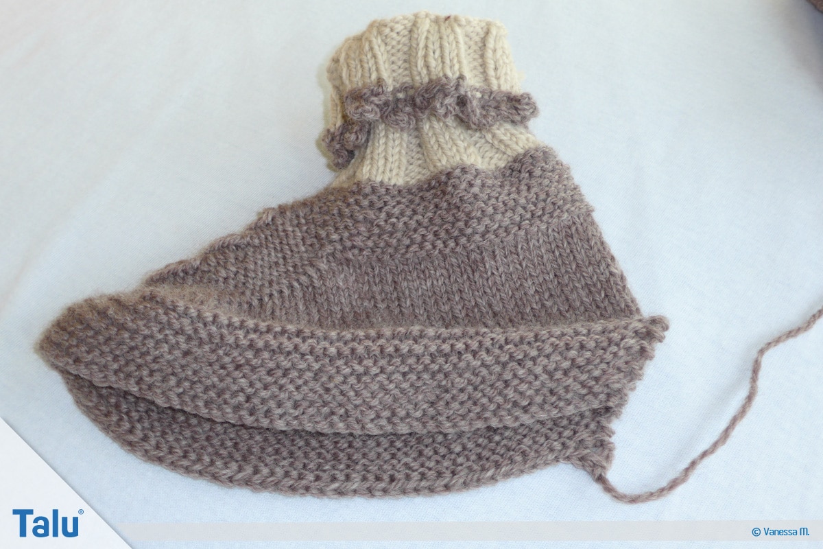 Gammlos stricken, Anleitung Hüttenschuhe, die übrigen 86 Maschen abketten