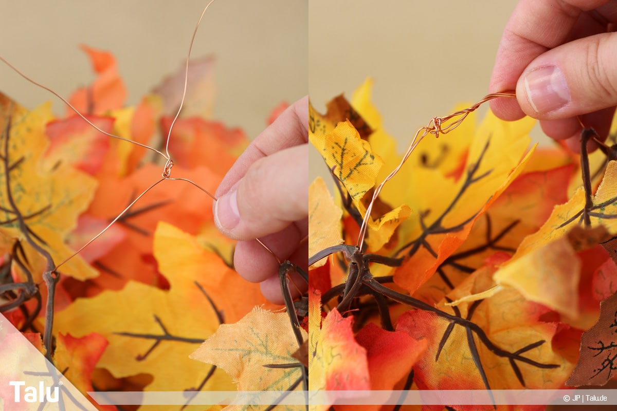 Herbstkranz selber basteln, Anleitung, bunter Kranz, Draht verschließen