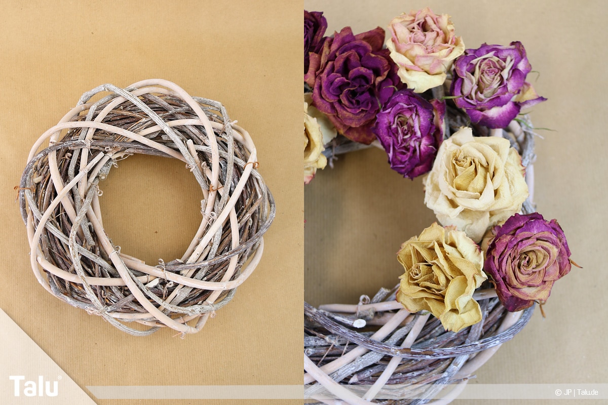 Herbstkranz selber basteln, Anleitung, Rosenkranz, Weidenring und getrocknete Rosen