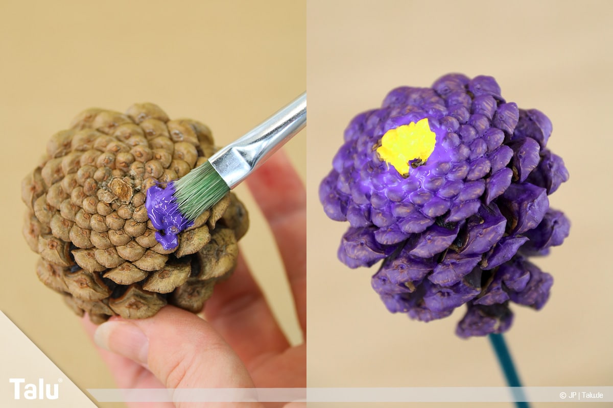 Basteln mit Tannenzapfen, kreative Ideen, Tannenzapfen-Blumen, Zapfen farbig anmalen