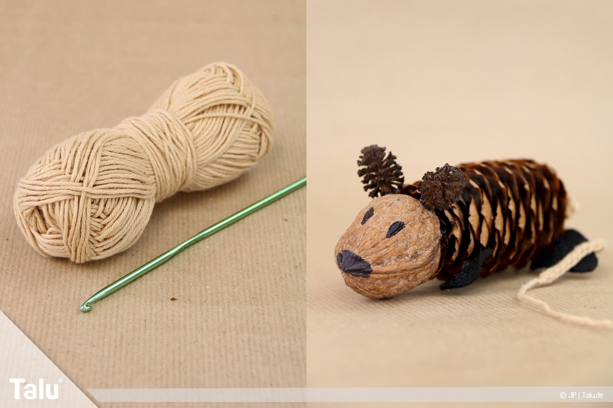 Basteln mit Tannenzapfen, kreative Ideen, Zapfenmäuse, Mauseschwanz aus Luftmaschenkette häkeln