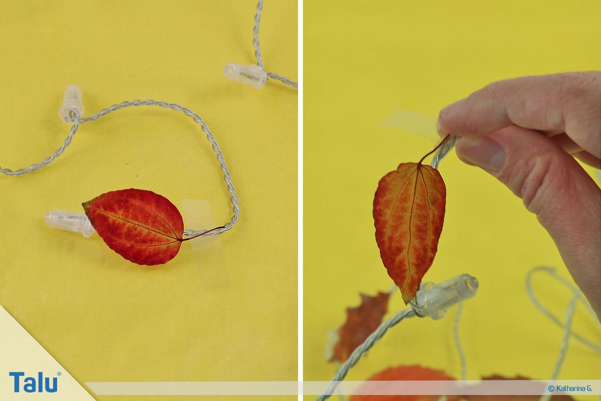 Herbst-Tischdeko selber machen, Lichterkette mit Herbstlaub, Blätter befestigen