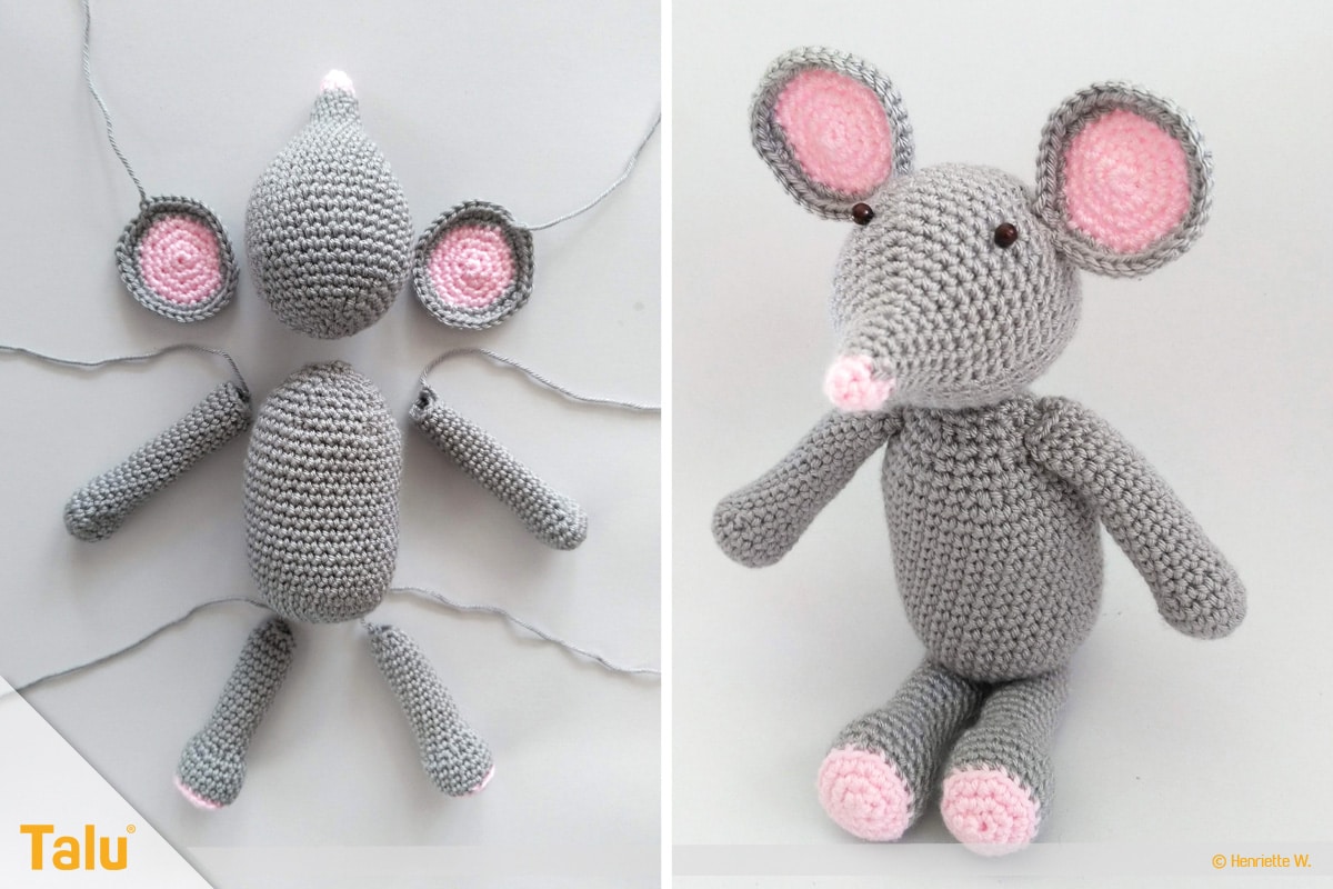 Maus häkeln, Amigurumi-Häkelmaus, gehäkelte Maus plus Einzelteile