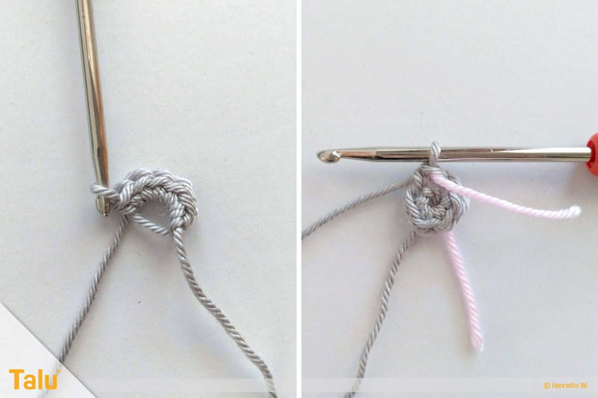 Maus häkeln, Amigurumi-Häkelmaus, geschlossener Fadenring