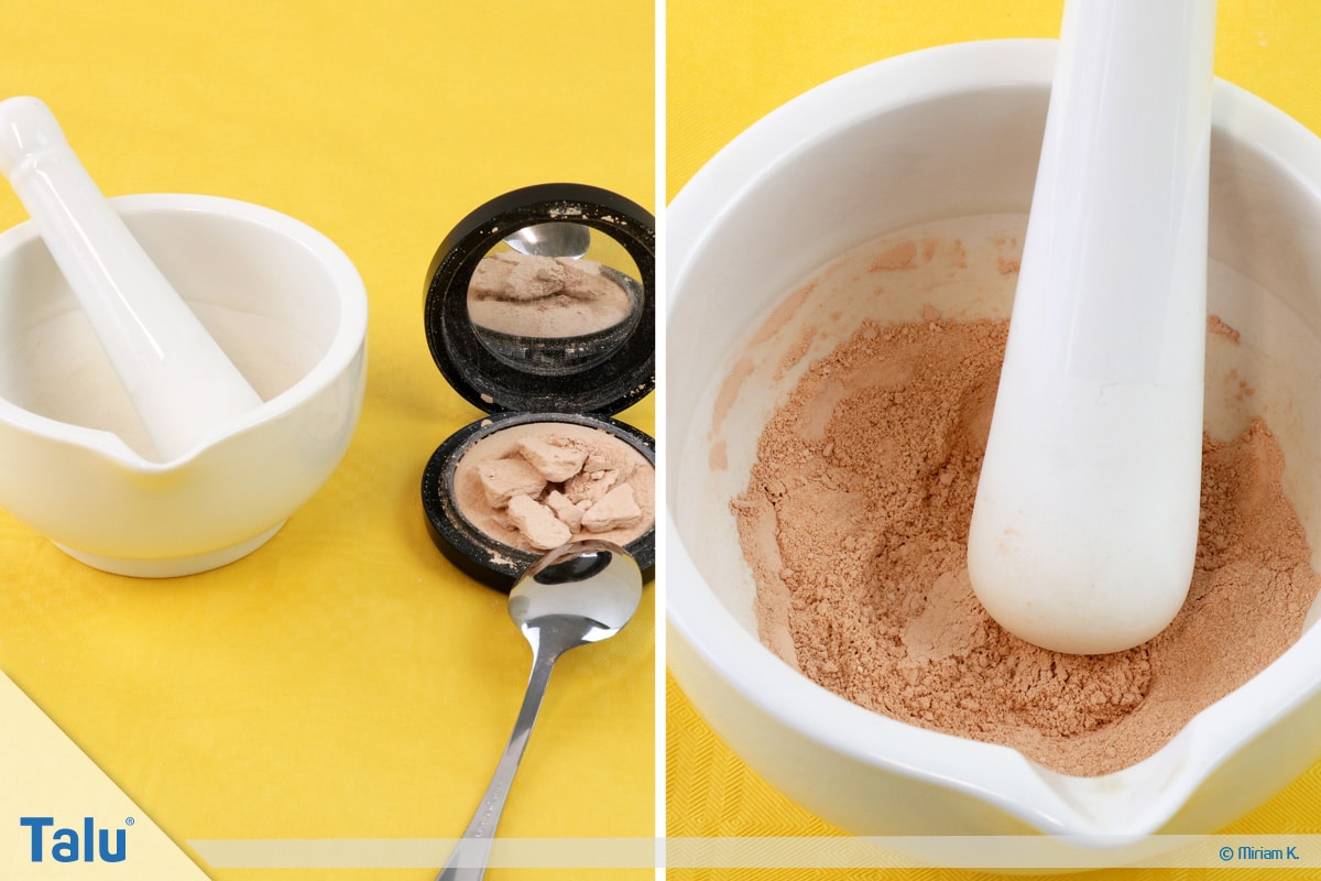 Puder zerbrochen, Puder reparieren, Puder retten, Puder im Mörser