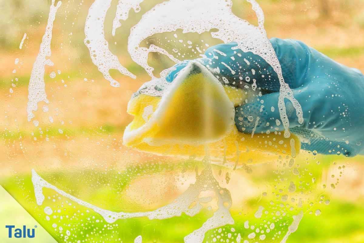 Schmierige, fettige Glasscheiben reinigen, mit Schwamm über die Scheibe wischen