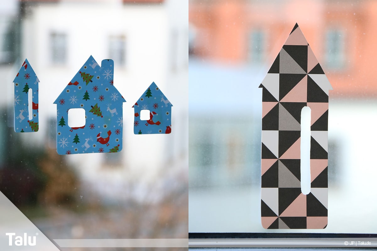 Basteln mit Papier an Weihnachten, Ideen, fertige Häuser-Fensterdeko