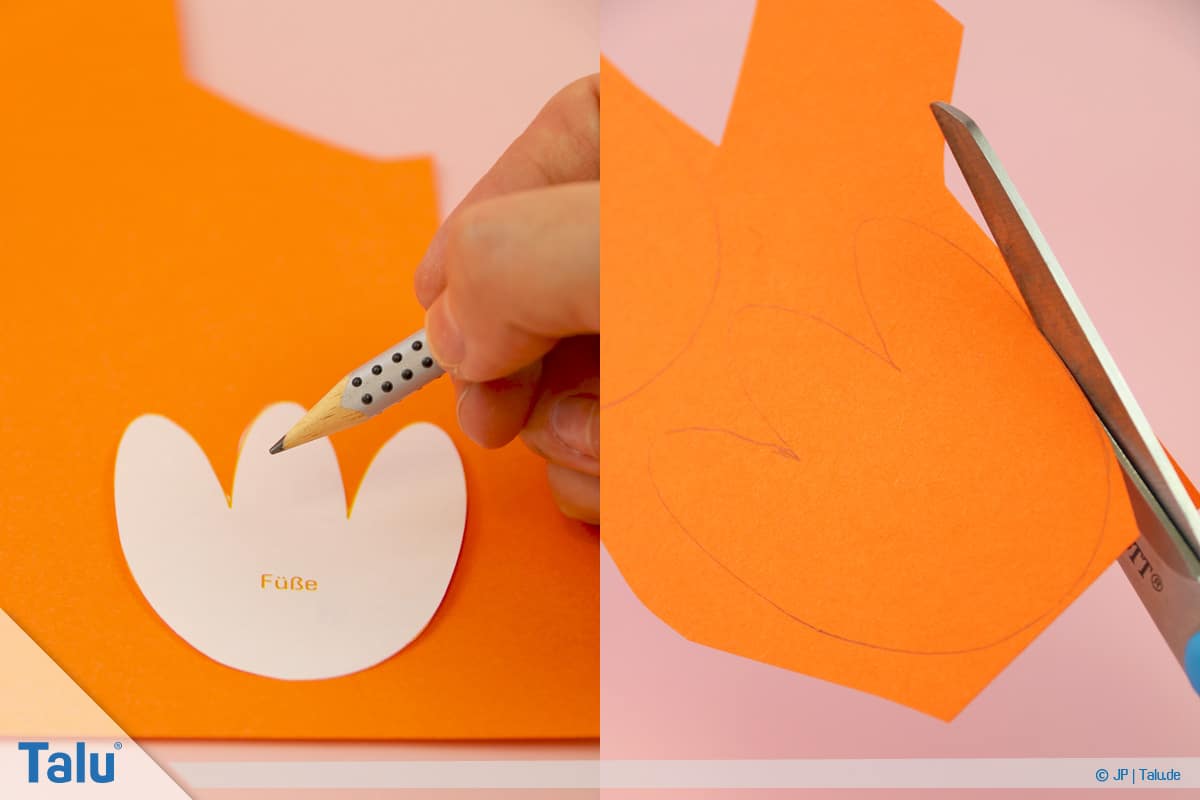 Pinguin basteln mit Kindern, Anleitung, Pinguin aus Papier, Füße und Schnabel ausschneiden