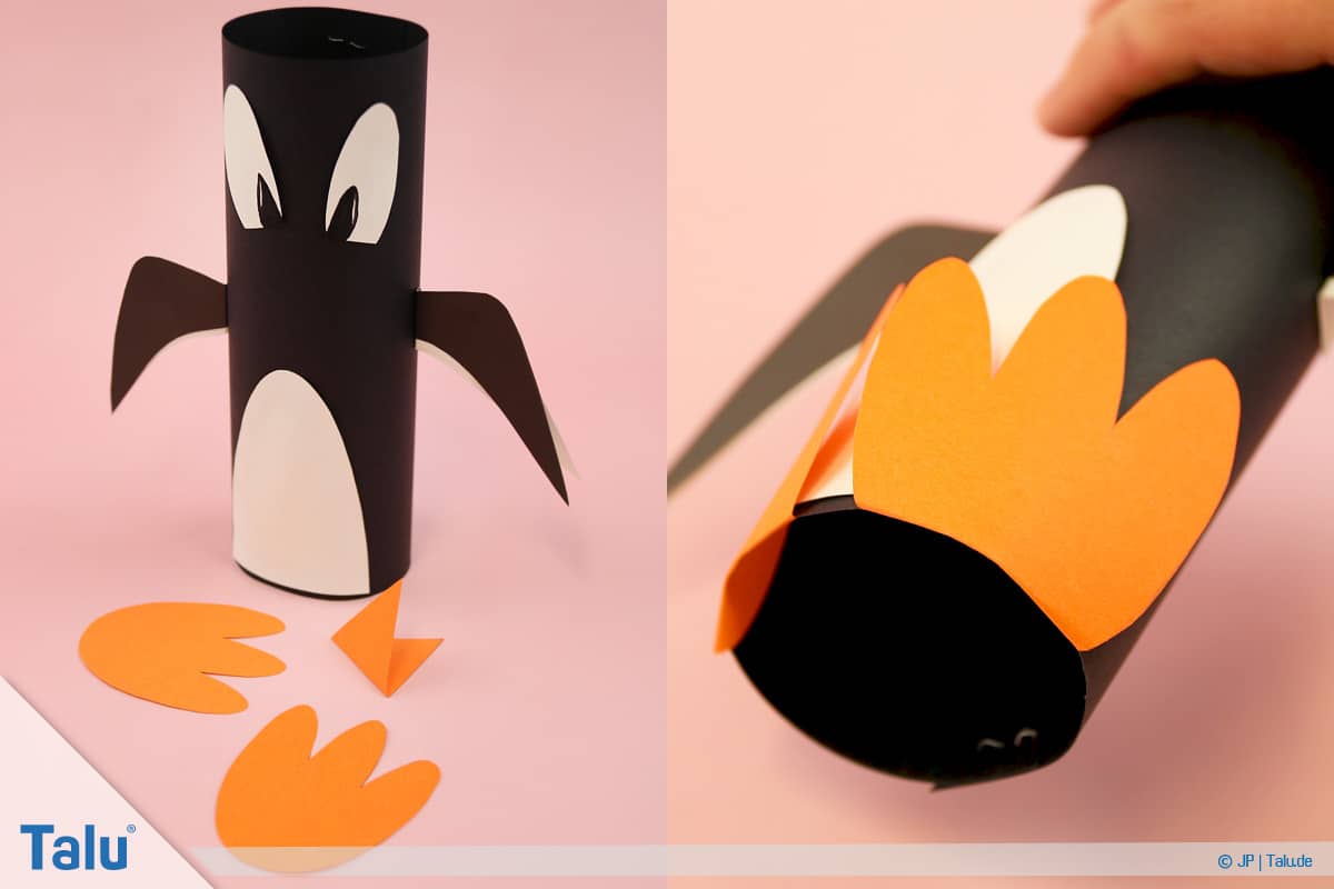 Pinguin basteln mit Kindern, Anleitung, Pinguin aus Papier, Füße und Schnabel ankleben