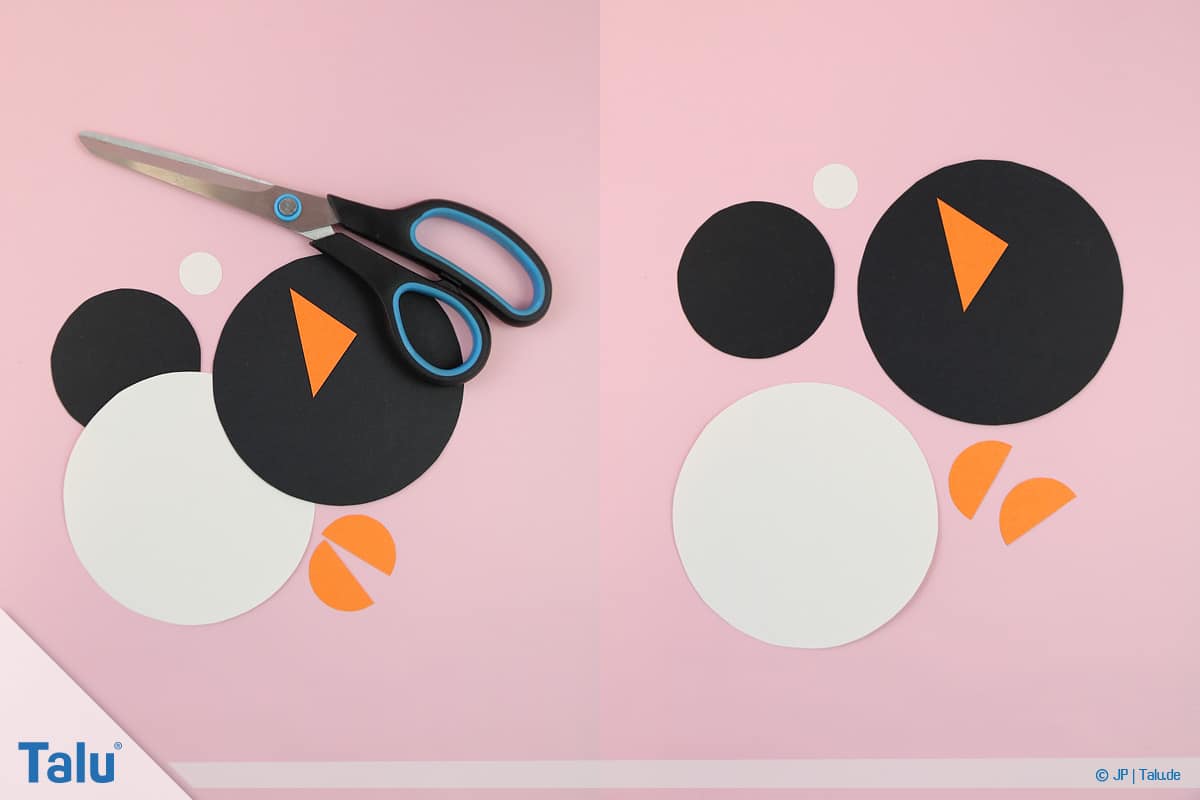 Pinguin basteln mit Kindern, Anleitung, Pinguin aus Papierkreisen, ausgeschnittene Tonpapierkreise