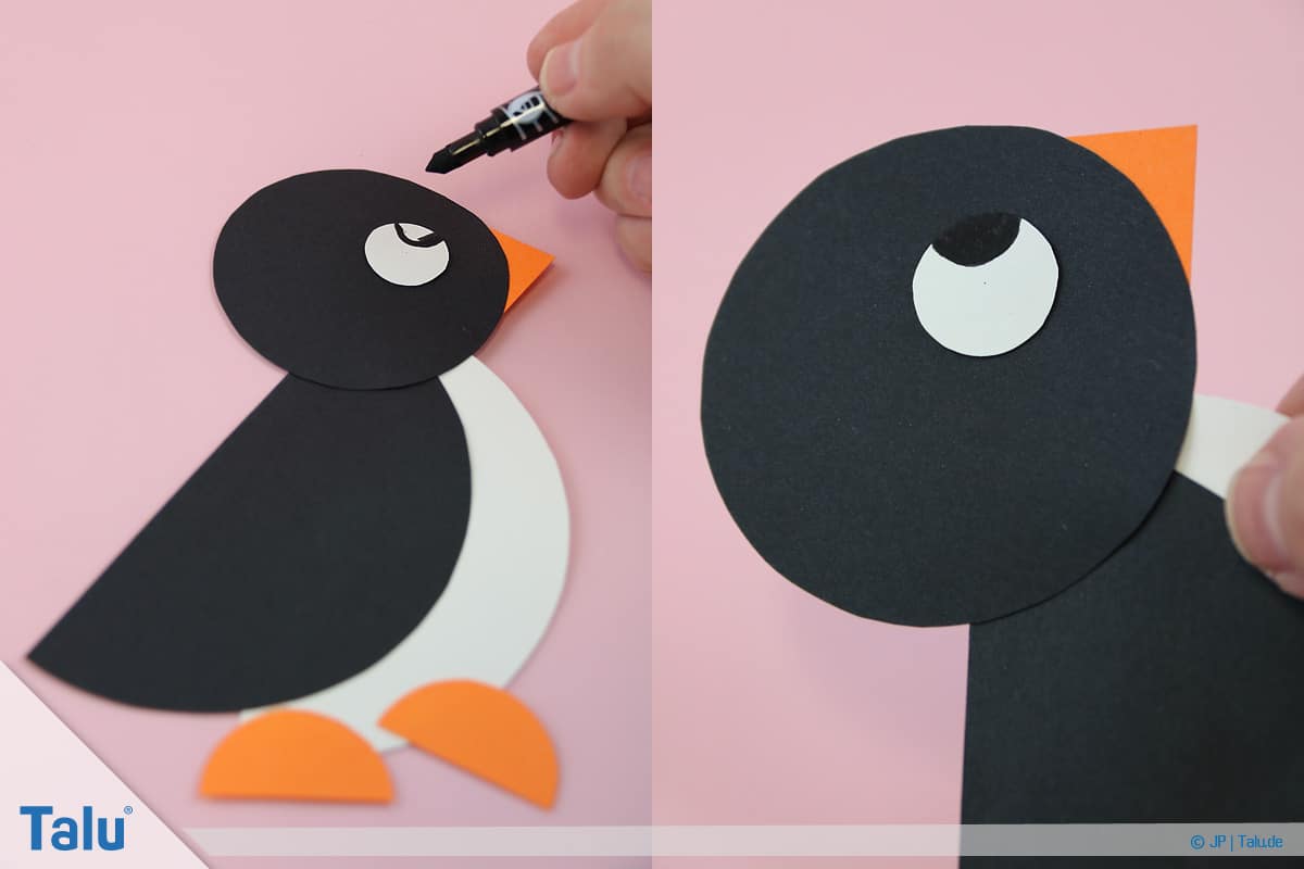 Pinguin basteln mit Kindern, Anleitung, Pinguin aus Papierkreisen, Pupille aufmalen