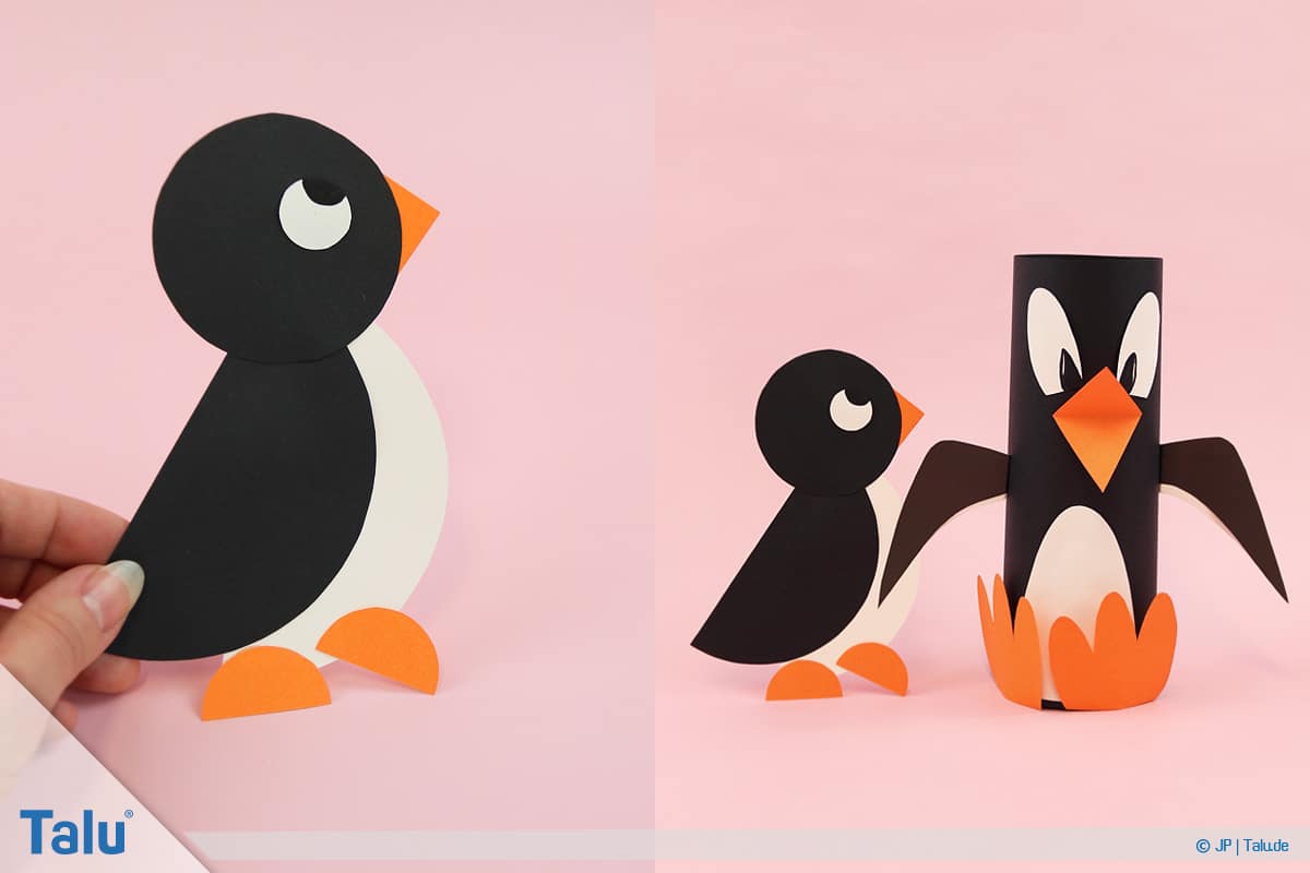 Pinguin basteln mit Kindern, Anleitung, Pinguin aus Papierkreisen, fertiger Pinguin, Variante 2
