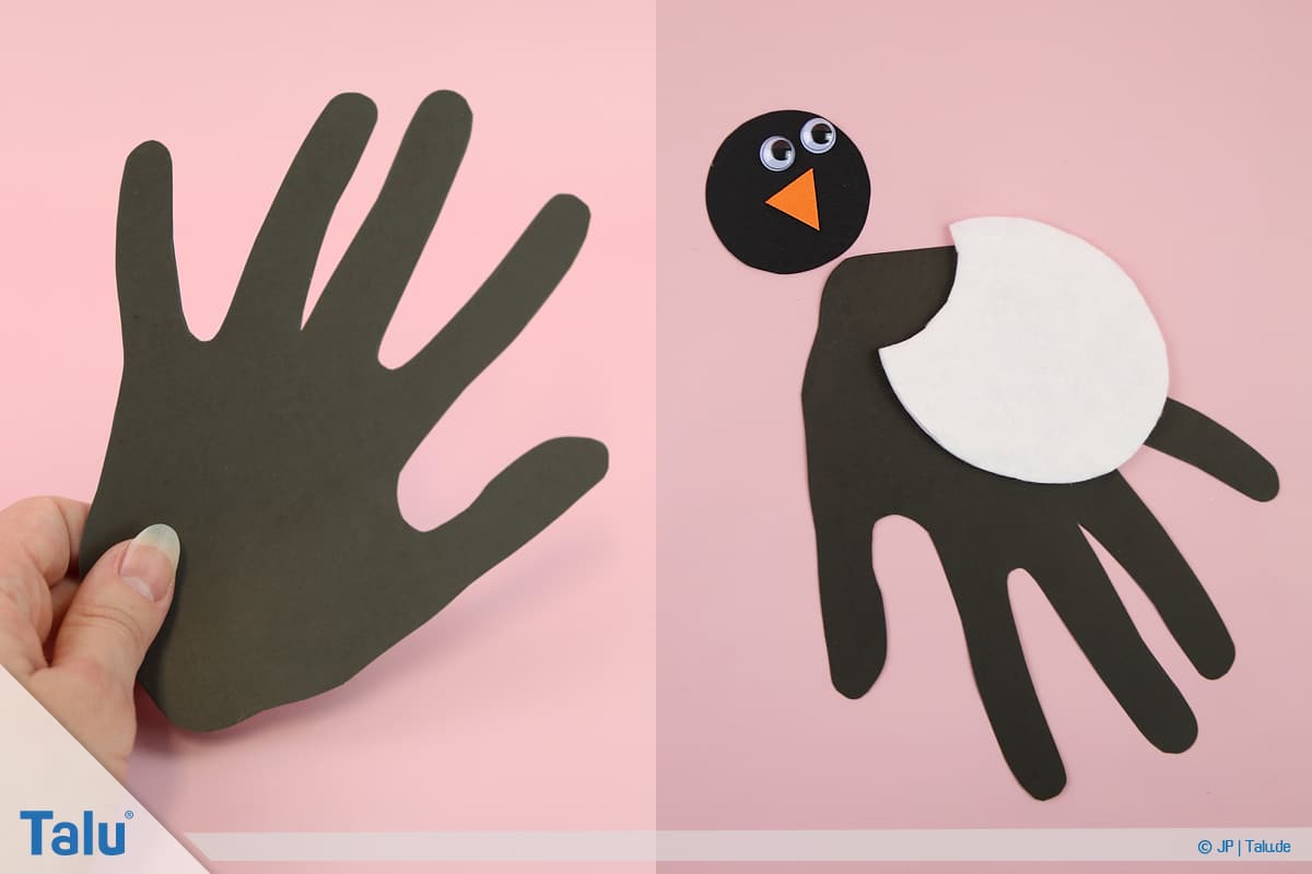 Pinguin basteln mit Kindern, Anleitung, Pinguin aus Handabdruck, Einzelteile