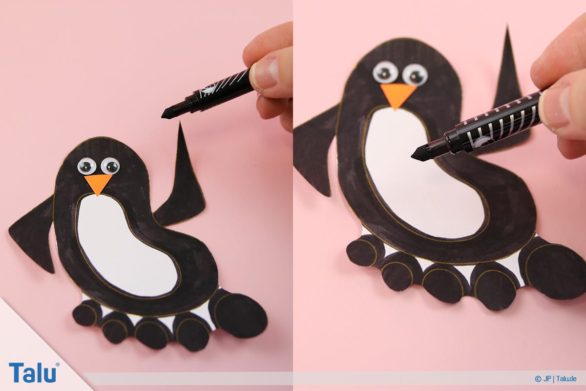 Pinguin basteln mit Kindern, Anleitung, Pinguin aus Fußabdruck, Talu-Vorlage ausschneiden und ausmalen