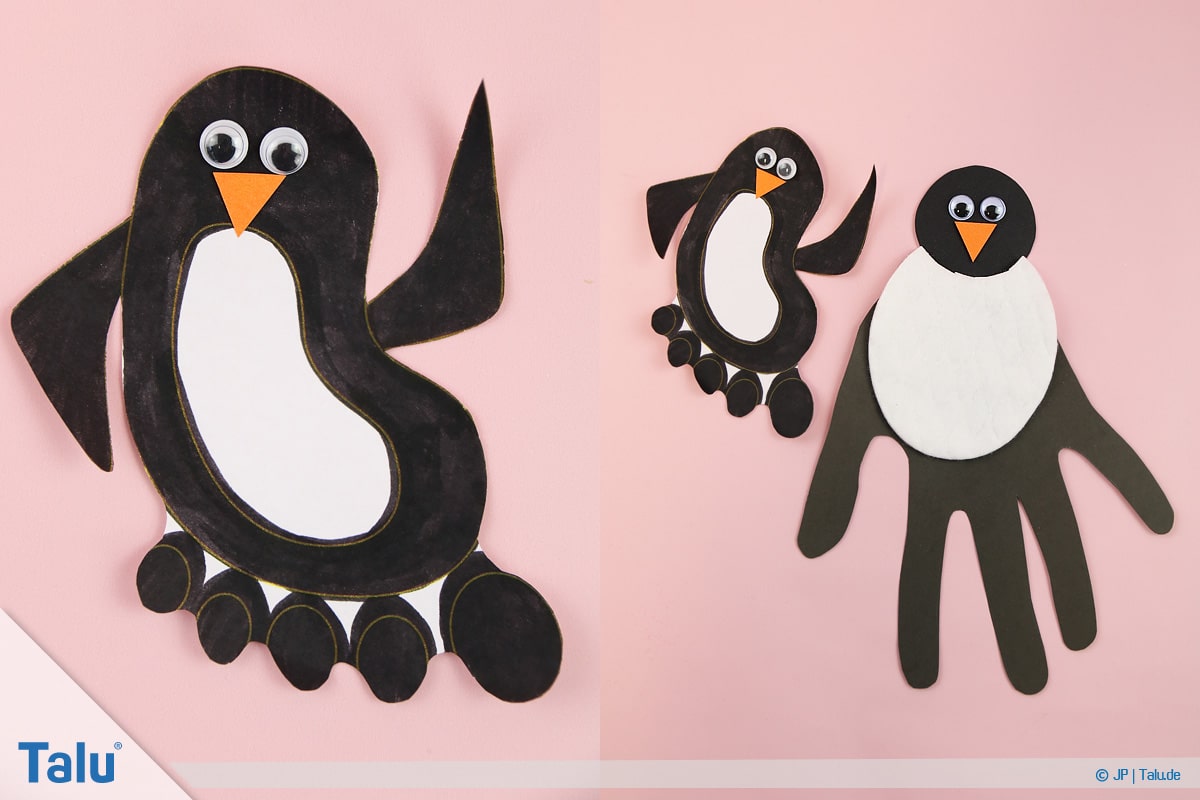 Pinguin basteln mit Kindern, Anleitung, Pinguin aus Fußabdruck, fertiger Pinguin, Variante 4