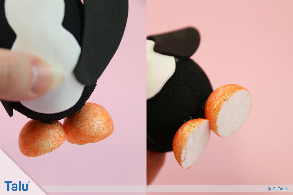 Pinguin basteln mit Kindern, Anleitung, Pinguin aus Plastik-Osterei, Füße aus halben Styroporkugeln
