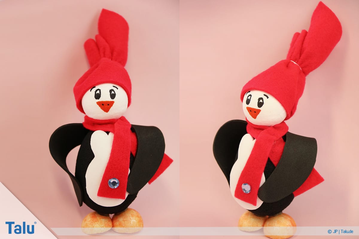 Pinguin basteln mit Kindern, Anleitung, Pinguin aus Plastik-Osterei, fertiger Pinguin, Variante 5