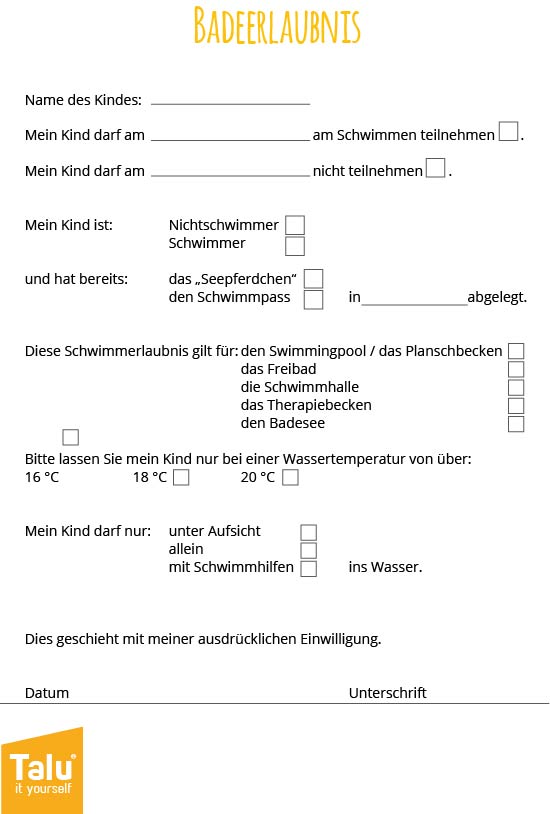 Vorlage für Badeerlaubnis